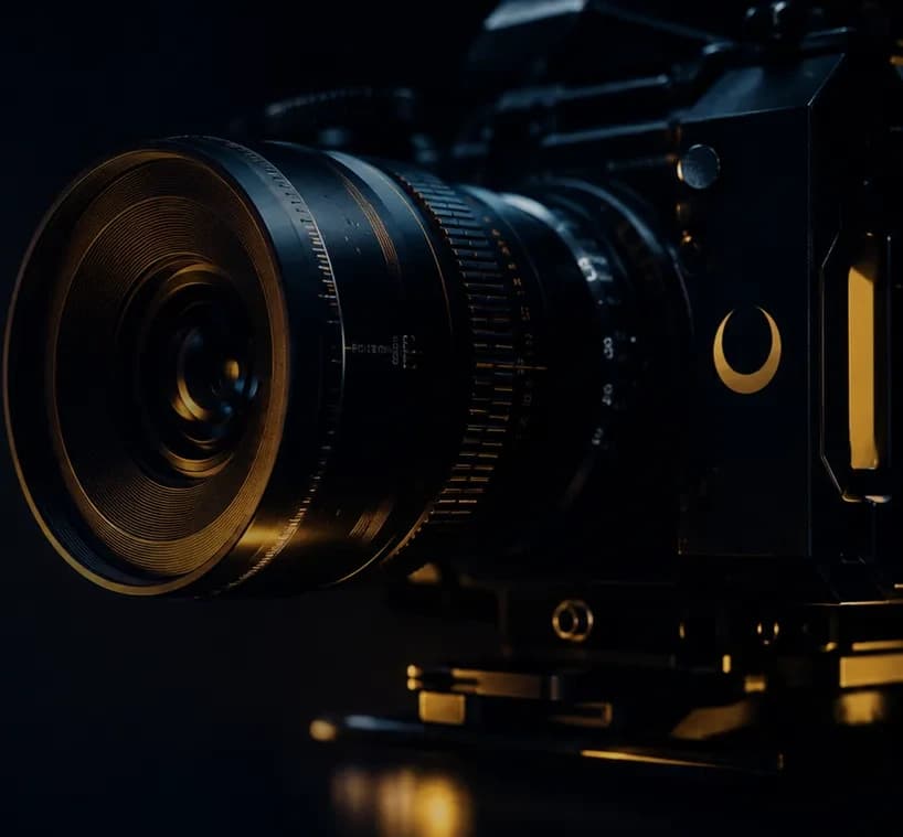 Câmera de cinema da AURALEN, com o crescente da marca gravado no corpo